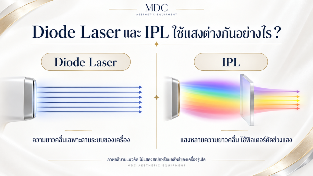 ภาพแนวคิดเปรียบเทียบแสง Diode Laser กับ IPL และการใช้ฟิลเตอร์คัดช่วงแสง